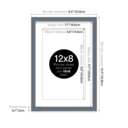 "12X8"" Grey Frame With Mount For 10X6"" Pictures 20mm Thin Edge Portrait And Landscape Display With Wall Hooks And Kickstand" - thumbnail 2