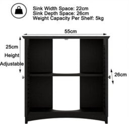Black Under Sink Storage Cabinet Freestanding Bathroom Cupboard With Shutter Doors And Shelf H60 X L60 X W30Cm - thumbnail 3