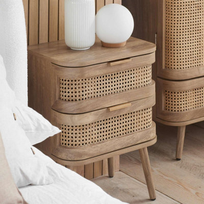Rattan Bedside Cabinet 2 Drawer Brown Oak Birlea Sark Nightstand Side Table - image 1