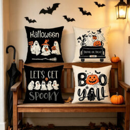CLEFFNS Halloween Ghost Car Pumpkin Throw Pillow Covers, 18 X 18 Inch Lets Get Spooky Cushion Case Decoration For Sofa Couch Set Of 4 - thumbnail 1