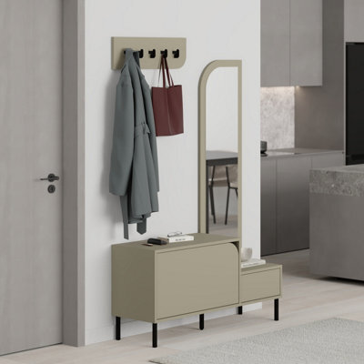 Decortie Modern Mila Coat Stand Set With Mirror And 2-Door Shoe Cabinet With 5 Metal Hooks Hanger 1.72(H)Cm Sandstone - image 1