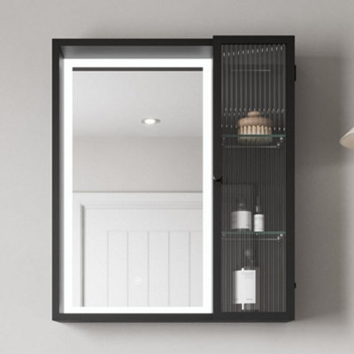 Affine 600 X 700mm Black Bathroom Led Mirror Cabinet Wall Hung Fluted Mains Touch Sensor - image 1