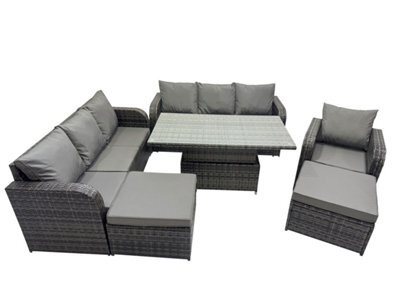Fimous Rattan Garden Furniture Dining Set 9-Seater Patio Height Adjustable Rising Lifting Table Sofa Set With 2 Big Footstool - image 1