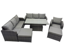Fimous Rattan Garden Furniture Dining Set 9-Seater Patio Height Adjustable Rising Lifting Table Sofa Set With 2 Big Footstool - thumbnail 1
