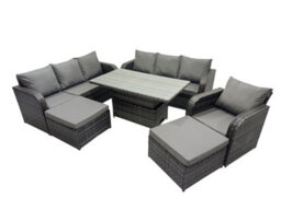 Fimous Rattan Garden Furniture Dining Set 9-Seater Patio Height Adjustable Rising Lifting Table Sofa Set With 2 Big Footstool - thumbnail 2