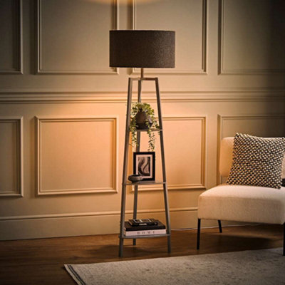 Valuelights Hiru Grey 3 Tier Shelf Floor Lamp With Charcoal Boucle Shade And Bulb - image 1