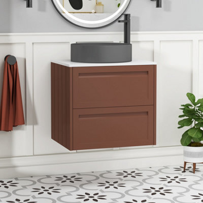 Royal Bathrooms Royal Bathroom Elmore 600mm Terracotta Clay Wall Mounted Bathroom Vanity Unit 2 Drawer Plain White Worktop With Art Round Basin - image 1
