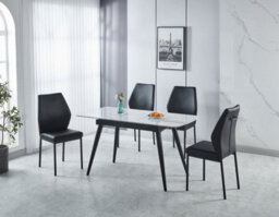 Modernique Modern 5-Piece Dining Set, Sintere Stone Top Extending Table With 4 Faux Leather Chairs, Metal Frame