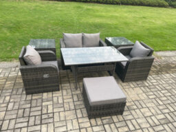 Fimous Outdoor Rattan Garden Furniture Lounge Sofa Set With Oblong Rectangular Dining Table 2 Reclining Chair - thumbnail 2