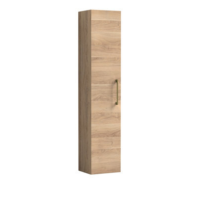 Balterley Bramshall Modern Bathroom 1 Soft Close Door Wall Hung Tall Storage, Woodgrain Light Oak With Brushed Brass Handle, 300mm