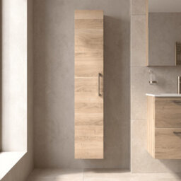 Balterley Bramshall Modern Bathroom 1 Soft Close Door Wall Hung Tall Storage, Woodgrain Light Oak With Brushed Brass Handle, 300mm - thumbnail 4