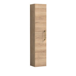 Balterley Bramshall Modern Bathroom 1 Soft Close Door Wall Hung Tall Storage, Woodgrain Light Oak With Brushed Brass Handle, 300mm - thumbnail 1