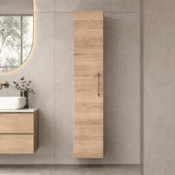 Balterley Bramshall Modern Bathroom 1 Soft Close Door Wall Hung Tall Storage, Woodgrain Light Oak With Brushed Brass Handle, 300mm - thumbnail 2