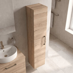Balterley Bramshall Modern Bathroom 1 Soft Close Door Wall Hung Tall Storage, Woodgrain Light Oak With Brushed Brass Handle, 300mm - thumbnail 3