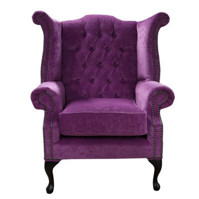 Chesterfield High Back Wing Chair Pimlico Grape Real Fabric In Queen Anne Style - image 1