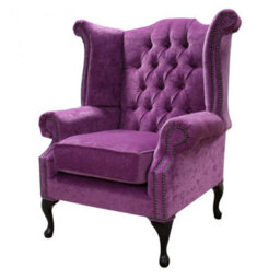 Chesterfield High Back Wing Chair Pimlico Grape Real Fabric In Queen Anne Style - thumbnail 3