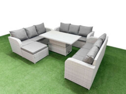 Fimous 10 Seater Outdoor Garden Furniture Set Adjustable Lifting Dining Or Coffee Table 3 Seater Sofa Big Footstool Light Grey - thumbnail 2