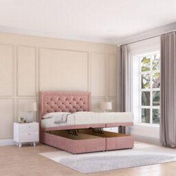Sloomy Montana End Lift Ottoman Bed 3Ft With Sprung Memory Mattress - Pink Plush & Headboard- Single - thumbnail 1