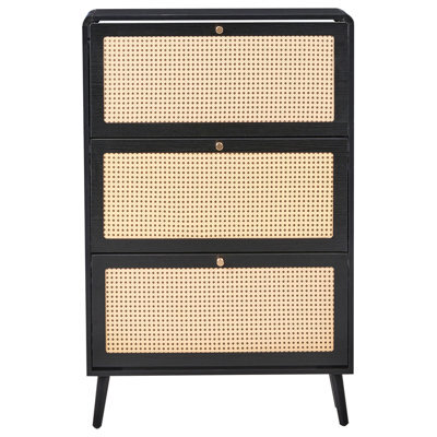 Wyld And Coco Boho Shoe Storage Cabinet Black Mdf With Rattan Front, 3 Compartments, Fits 12 Pairs - image 1