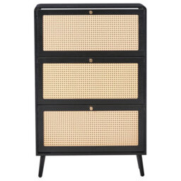Wyld And Coco Boho Shoe Storage Cabinet Black Mdf With Rattan Front, 3 Compartments, Fits 12 Pairs - thumbnail 1
