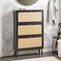Wyld And Coco Boho Shoe Storage Cabinet Black Mdf With Rattan Front, 3 Compartments, Fits 12 Pairs - thumbnail 2