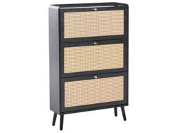 Wyld And Coco Boho Shoe Storage Cabinet Black Mdf With Rattan Front, 3 Compartments, Fits 12 Pairs - thumbnail 3