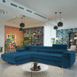 Torezio Mini L Shaped Sofa Bed With Adjustable Headrests Storage Dolfn Mechanism 280X170X70-90Cm Blue Left - thumbnail 1