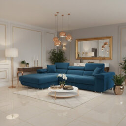 Torezio Mini L Shaped Sofa Bed With Adjustable Headrests Storage Dolfn Mechanism 280X170X70-90Cm Blue Left - thumbnail 2