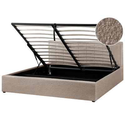 Beliani Ottoman Bed Boucle Montlaur 180 X 200 Cm (Eu Super King) Taupe - image 1