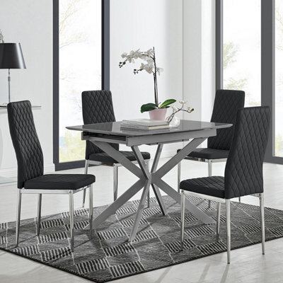 Furniturebox Uk Lira 100Cm Grey Metal Extending Dining Table & 4 Black Milan Chrome Leg Chairs - image 1