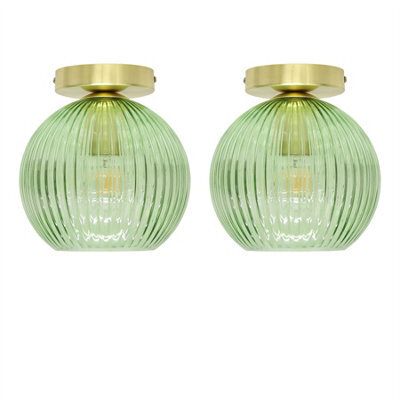 First Choice Lighting Set Of 2 Betchley - Green Ribbed Glass Satin Brass Ceiling Lights - image 1