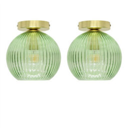 First Choice Lighting Set Of 2 Betchley - Green Ribbed Glass Satin Brass Ceiling Lights