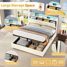 Matteo Double Upholstered Hydraulic Storage Bed Frame With Led Headboard, Charging Station - Beige - thumbnail 6