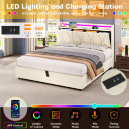 Matteo Double Upholstered Hydraulic Storage Bed Frame With Led Headboard, Charging Station - Beige - thumbnail 7