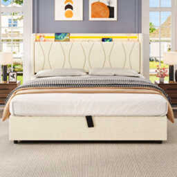 Matteo Double Upholstered Hydraulic Storage Bed Frame With Led Headboard, Charging Station - Beige - thumbnail 4