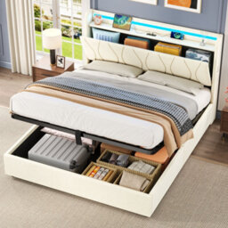 Matteo Double Upholstered Hydraulic Storage Bed Frame With Led Headboard, Charging Station - Beige - thumbnail 5