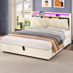 Matteo Double Upholstered Hydraulic Storage Bed Frame With Led Headboard, Charging Station - Beige - thumbnail 2