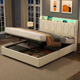 Matteo Double Upholstered Hydraulic Storage Bed Frame With Led Headboard, Charging Station - Beige - thumbnail 3