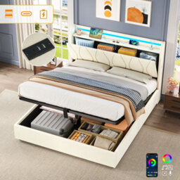 Matteo Double Upholstered Hydraulic Storage Bed Frame With Led Headboard, Charging Station - Beige - thumbnail 1