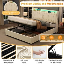 Matteo Double Upholstered Hydraulic Storage Bed Frame With Led Headboard, Charging Station - Beige - thumbnail 8