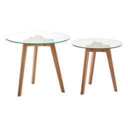 Orsina Stable Set Of Two Glass Top Oak Wood Base Side Tables, Stylish Table For Breakfast, Robust Breakfast Table - thumbnail 1