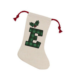 Purely Home Green Tartan Alphabet Letter E Stocking - Novelty Initial Xmas Gift Linen-Style With Red Drawstring Ties
