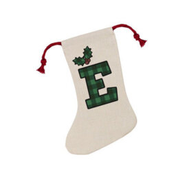 Purely Home Green Tartan Alphabet Letter E Stocking - Novelty Initial Xmas Gift Linen-Style With Red Drawstring Ties - thumbnail 2