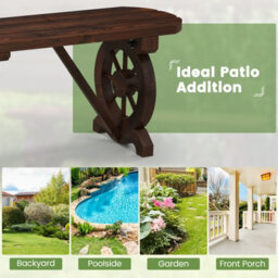 Costway 2-Seat Garden Curved Bench Carbonized Wood Dining Bench W/ Wagon Wheel Base - thumbnail 8
