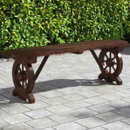 Costway 2-Seat Garden Curved Bench Carbonized Wood Dining Bench W/ Wagon Wheel Base - thumbnail 1