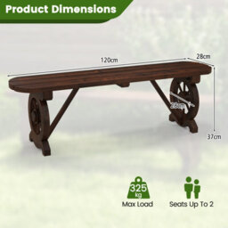 Costway 2-Seat Garden Curved Bench Carbonized Wood Dining Bench W/ Wagon Wheel Base - thumbnail 2