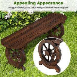 Costway 2-Seat Garden Curved Bench Carbonized Wood Dining Bench W/ Wagon Wheel Base - thumbnail 6