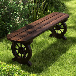 Costway 2-Seat Garden Curved Bench Carbonized Wood Dining Bench W/ Wagon Wheel Base - thumbnail 3
