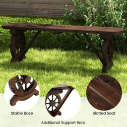 Costway 2-Seat Garden Curved Bench Carbonized Wood Dining Bench W/ Wagon Wheel Base - thumbnail 7