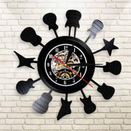 Amorly Rock Music Instrument Vinyl Record Wall Clock With Led Light, Guitar Trumpet Musical Wall Art Decor, Battery Powered Quartz Clock - thumbnail 1